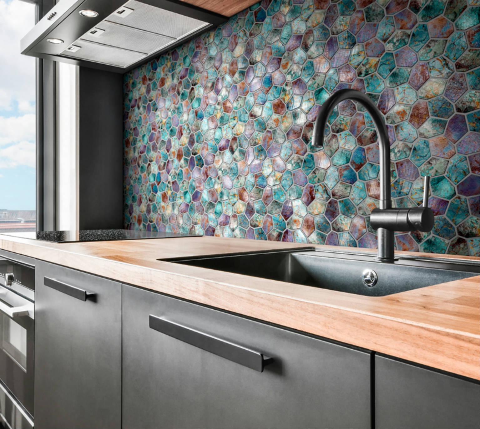 Hexagon Mix Metallic Green Rust Mosaic | Quality Carpet Inc.