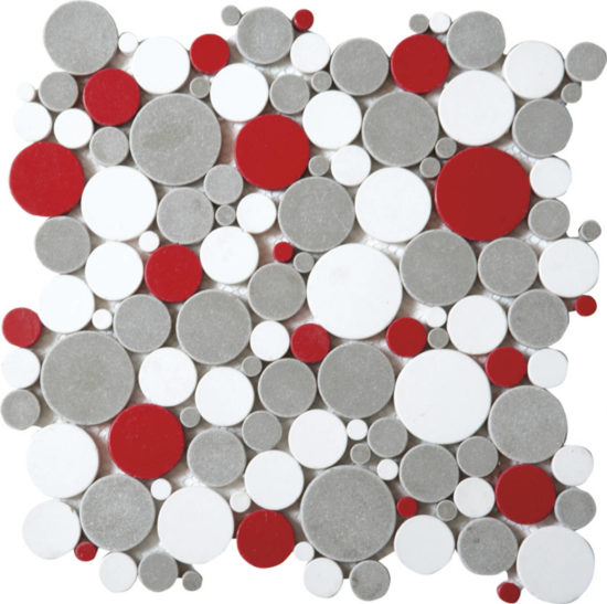 White Grey Red Penny Rounds Interlocking Mosaic | Quality Carpet Inc.