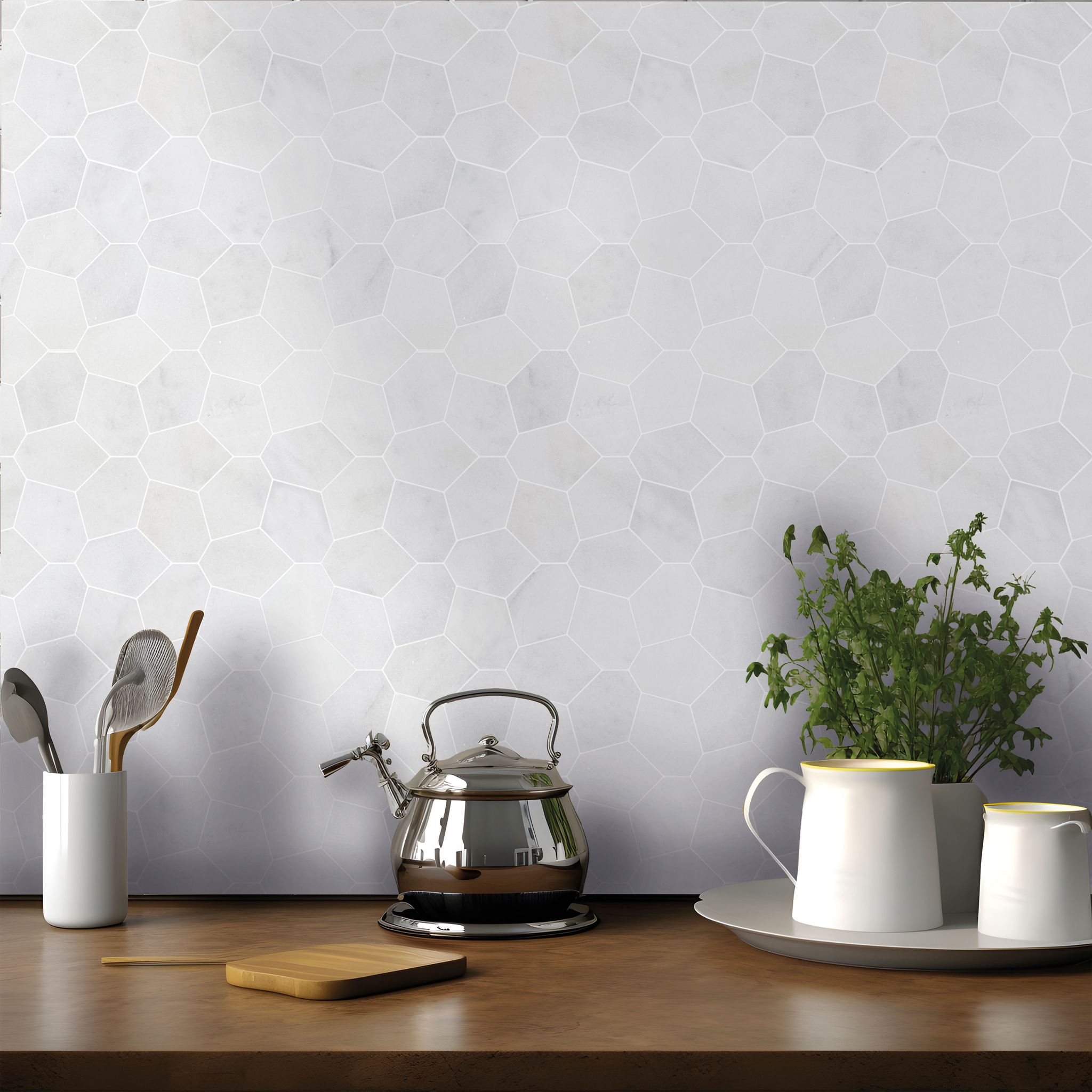 Irregular Hexagon White Grey Marble  | LA TERRA STONE