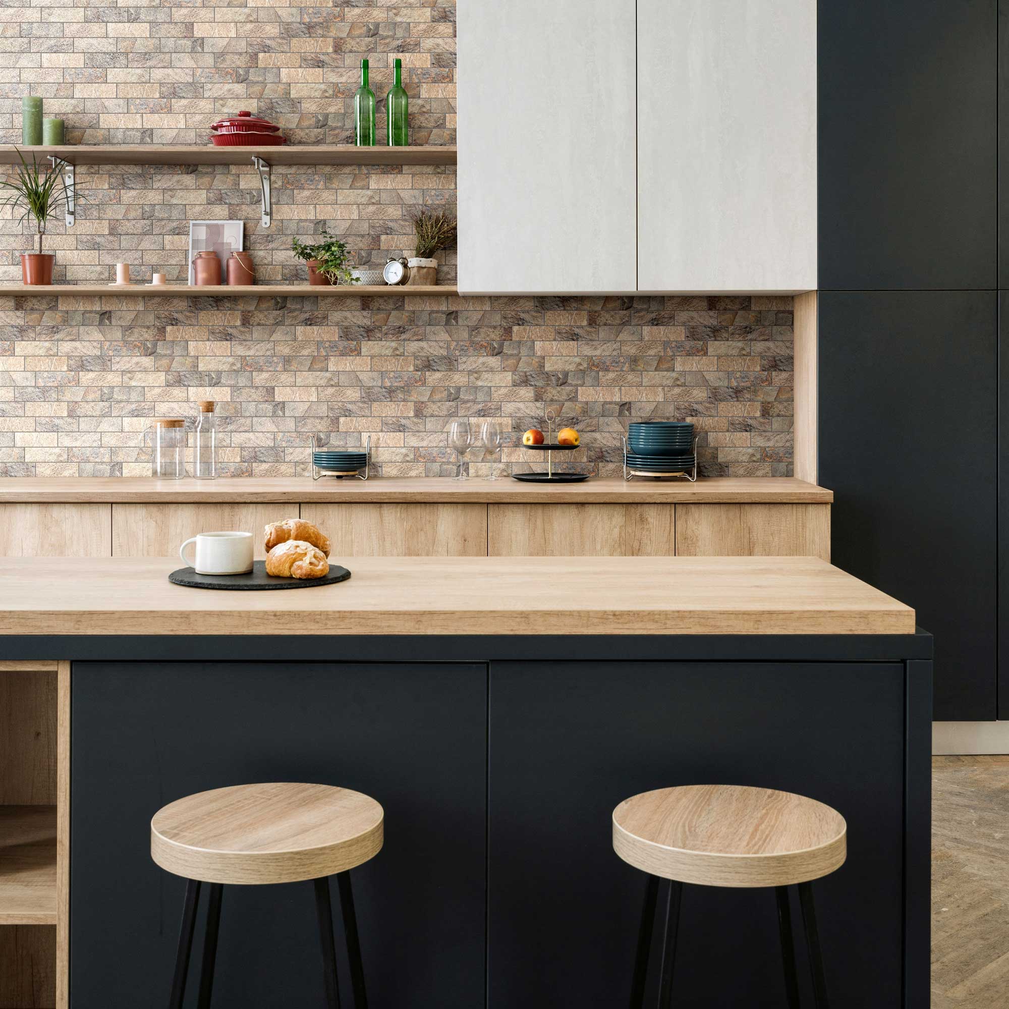 Slate Stone Beige Glazed Ceramic 2"x6" Brick Mosaic | LA TERRA STONE